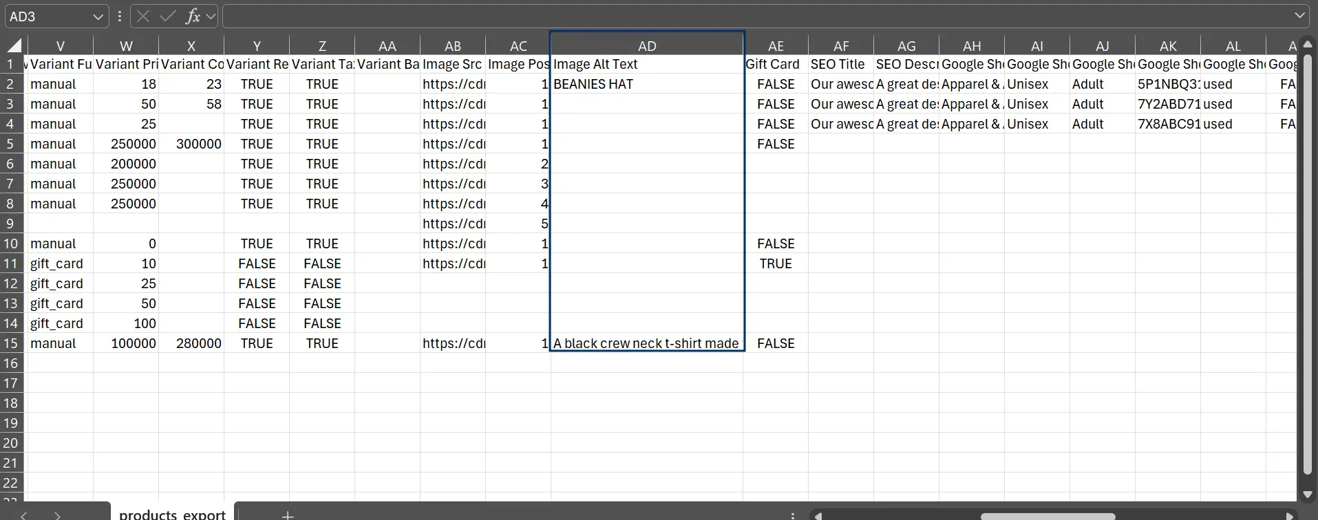 In your CSV file, locate the columns for Image Alt Text. Enter descriptive alt text for each image. 
